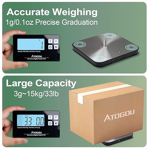Atogou Food Scale, 33lb Wireless Kitchen Scale with Remote Display, 1g/0.1oz Precise Graduation, Food-Grade 304 Stainless Steel, Digital Food Scale for Cooking, Baking, Postage, Shipping Black&Grey