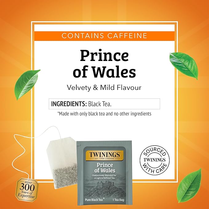 Twinings Prince of Wales Black Tea Individually Wrapped Bags, 20 Count (Pack of 1), Velvety Smooth & Mild, Caffeinated, Enjoy Hot or Iced, 20 Teabags