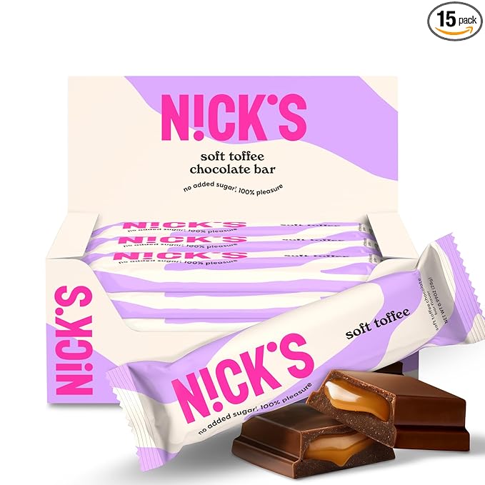 NICKS Soft Toffee Chocolate Bar with Caramel Without Added Sugar,110 Calories, 3.5 Net Carbs, Gluten Free, Low Carb Candy (15x28g)