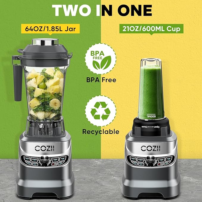COZII Commercial Blender 2000 Peak Watt, Countertop Blenders for Kitchen,64 Oz Pitcher/21-Oz To-go Cup, 7 Preset Programs for Ice Crush/Frozen Drinks/Nut Butter, High Speed, Dishwasher Safe