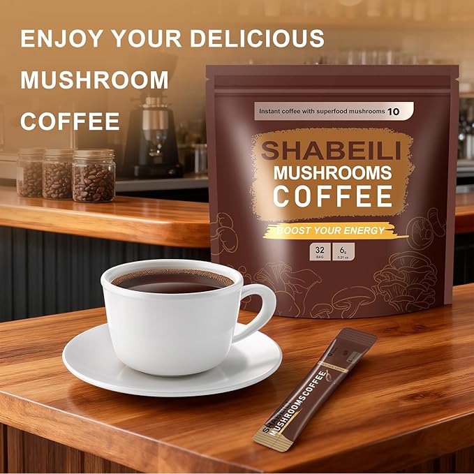 Mushroom Coffee, Instant Blend Mushroom Coffee with Lions Mane Cordyceps Reishi for Energy Focus Mood Support and Immune Boost(32 Servings)
