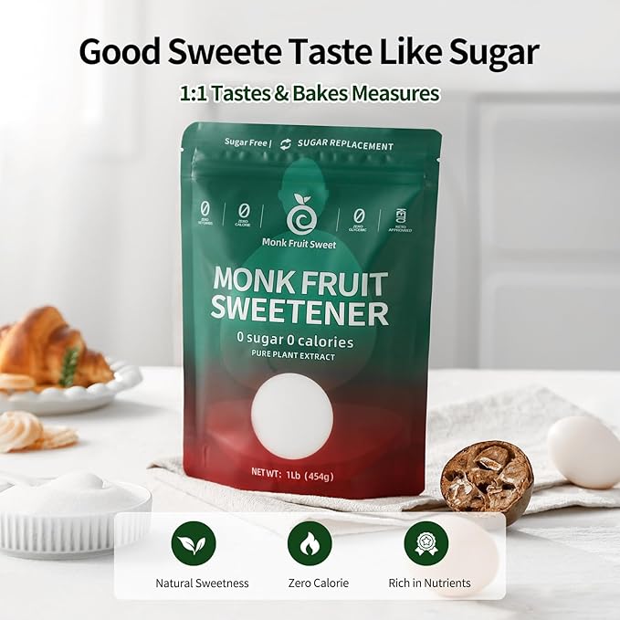 Monk Fruit Sweetener with Erythritol & Steviol Glycosides - 0 Calorie, 0 Net Carb, 0 Glycemic Sugar Substitute - Keto Approved, Plant-Based Natural Sweetener for Baking, Coffee & Cooking (1LB)