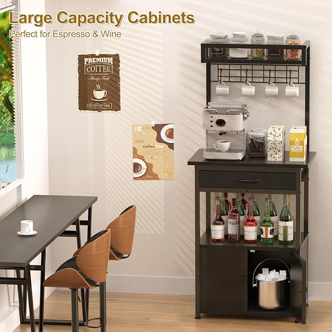 5-Tier Coffee Bar Cabinet & Microwave Stand with Storage, 2 Doors, 4 S-Hooks Kitchen Appliance Bakers Rack for Spices, Pots,Coffee Station for Small Spaces,Living Room,Entryway,Black