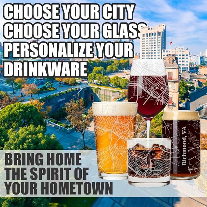 Blue Ridge Mountain Gifts - Richmond Souvenir - Virginia Glassware Gift, Etched City Map, Laser Engraved and Dishwasher Safe