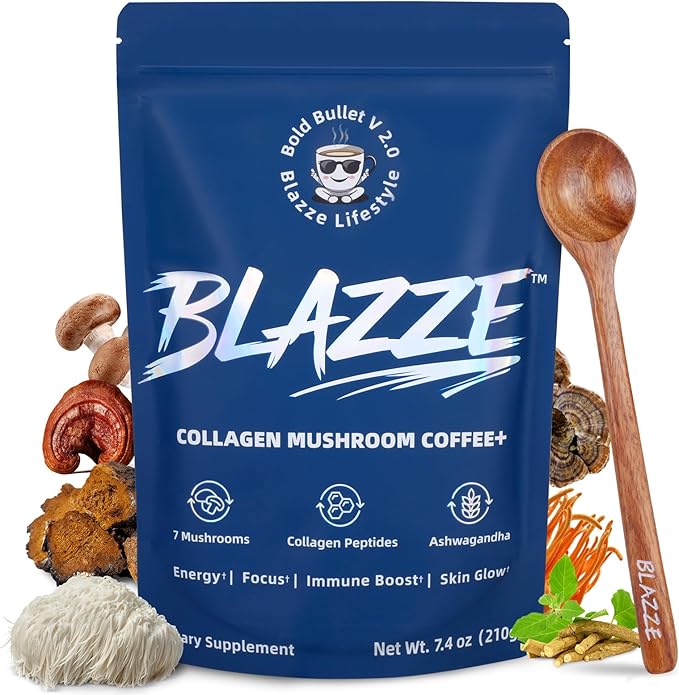 BLAZZE Mushroom Coffee,Adaptogenic 7 Mushrooms with Reishi,Lion's Mane & Chaga,Collagen Peptides, Ashwagandha,MCT,L-Theanine–Instant Coffee for Focus, Energy & & Immune Support–30 Servings