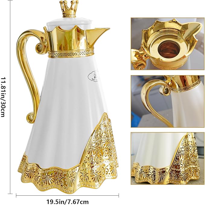Luxury Arabic Style Insulated Thermal Coffee Carafe,34 oz,Coffee Pot,Arabian Style Vacuum Thermal Carafe Insulated Flask for Tea and Hot Cold Drink,Moving and housewarming blessings (White)