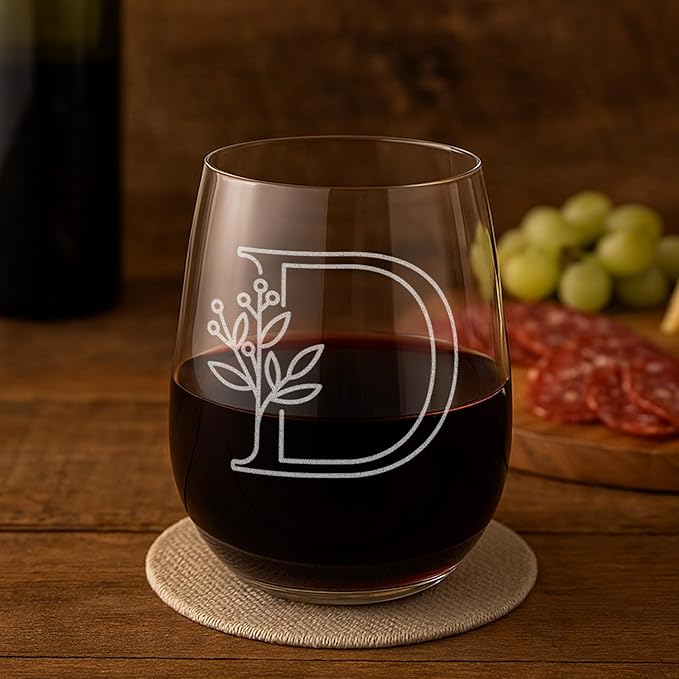 On The Rox Drinks Monogrammed Gifts For Women and Men - Letter A-Z Initial Engraved Monogram Stemless Wine Glass - 17 Oz Personalized Wine Gifts For Women and Men (D)