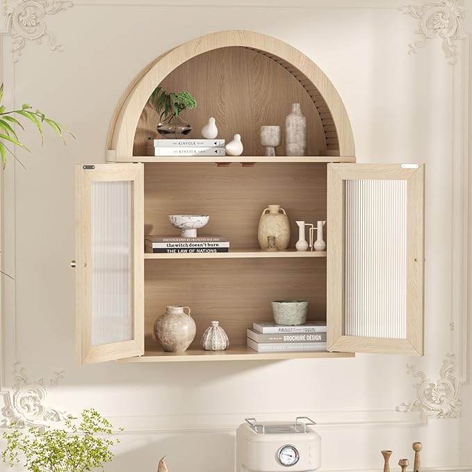Arched Bathroom Cabinet, Wall Mounted Bathroom Cabinet with Tempered Glass Doors and Adjustable Shelf, for Kitchen, Living Room, Laundry Room, Restroom, Oak