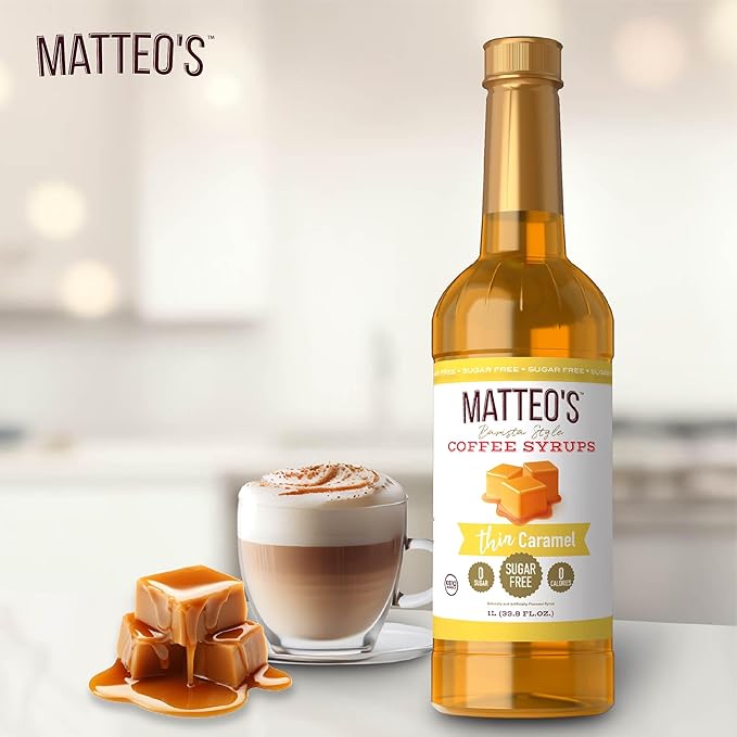 Matteo's Caramel Syrup for Coffee, Lattes, Cappuccinos & Desserts – Sugar-Free Sweetener for Beverages, Keto Friendly, Zero Calories, Indulgent Flavor, Non-Alcoholic, Ideal for Coffee 33.8oz (1pk)