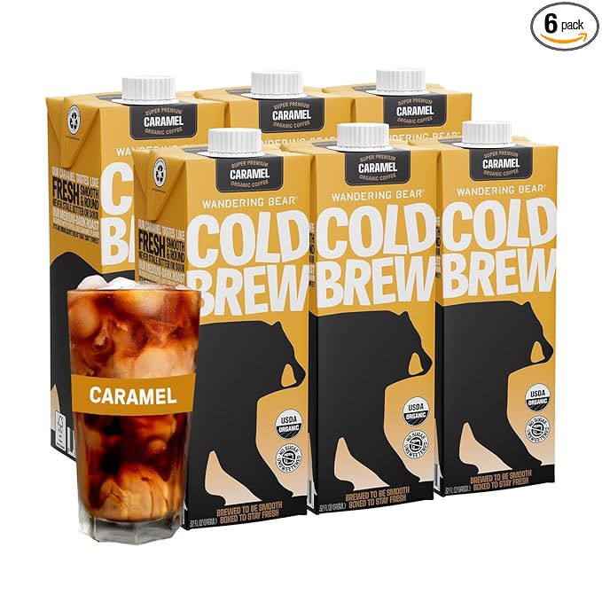 Wandering Bear Organic Caramel Cold Brew Coffee - Strong, Bold, Smooth, Unsweetened, Shelf-Stable, Ready to Drink, Gluten Free, & Vegan Iced Cold Brewed Coffee Drink - 32 fl oz, 6 pack