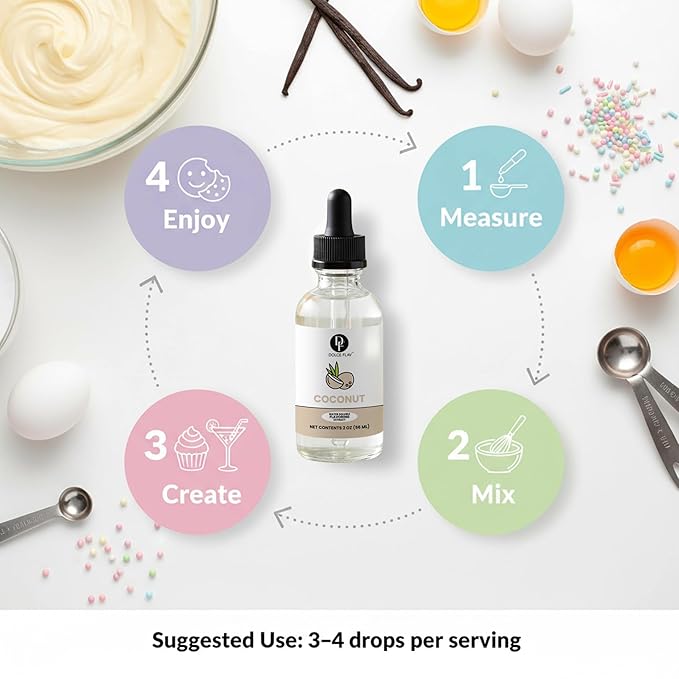 Dolce Flav Natural Coconut Extract – 2 Ounce Water-Soluble Kosher, Sugar-Free, Concentrated Tropical Coconut Flavoring for Baking, Beverages & Desserts, Includes Measured Dropper