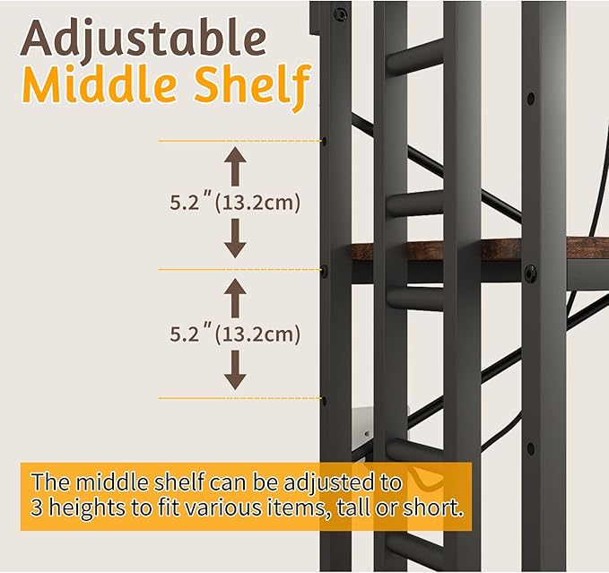 Adjustable Bakers Rack with Power Outlet,Coffee Bar Station with Led Lights,Microwave Stand with Storage,5-Tier Kitchen Shelf,Kitchen Storage Rack for Spices, Pots and Pans,Rustic Brown