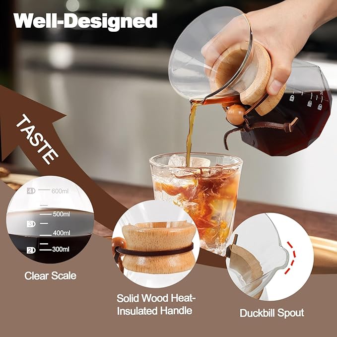 Pour Over Coffee Pot Set 600ml 20.3oz Features 304 Stainless Steel Filter Glass Coffee Pot with High Borosilicate Glass Duckbill Spout Design Solid Wood Handle Pour Over Coffee Daily Brewing
