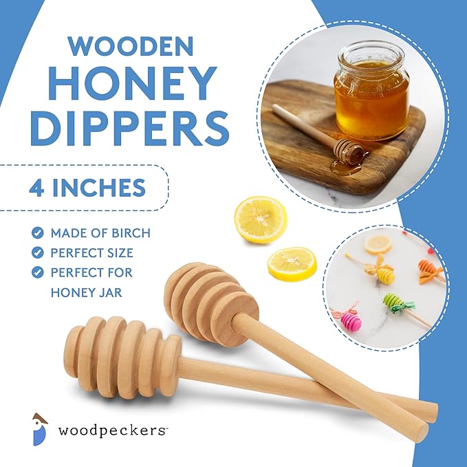 Wooden Honey Dipper Sticks, Honey Comb Wand Stirrers for Tea, Honeycomb Dripper Stir Spoons, Wood Dabber Combs Drizzler Sticks for Cake Pops, 4" Charcuterie Drizzle Dippers Pack of 24 by Woodpeckers
