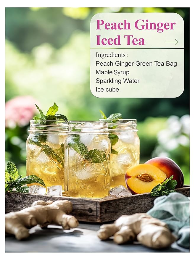 LOOMICA Ginger Peach Green Tea, Caffeinated, Pastoral & Spicy Soothing Blend with Green Tea, Ginger, and Juicy Peach Flavor, Individually Wrapped Bags, 20 Counts