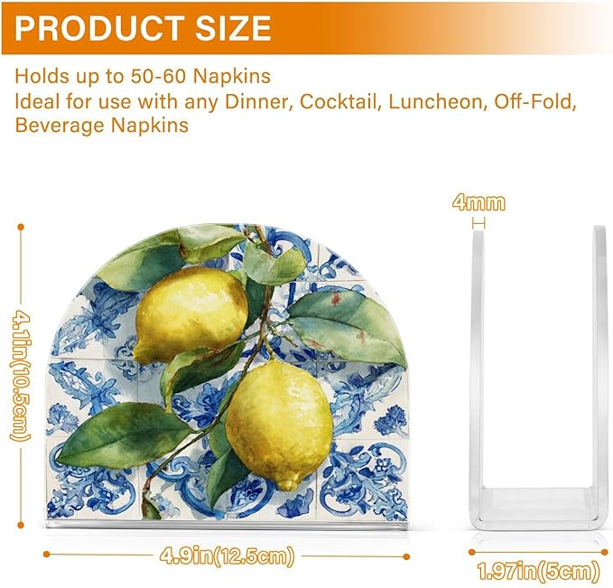 Lemon Blue Tiles Napkin Holder for Table Paper Cocktail Napkin Holders for Kitchen Dinning Acrylic Dinner Napkin Dispenser for Dinner Home Decor Bar 2 Pack