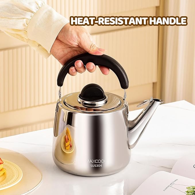 Tea Kettle, 18/8 Stainless Steel Whistling Teapot, 6.34 Quart, Fast Boiling, Anti-Hot Wood Handle (6L,Silver)