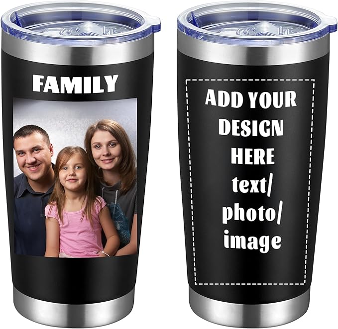 MEWAY Personalized Custom 20oz Stainless Steel Tumbler with Lid, Insulated Double Wall Vacuum Travel Coffee Tumbler Gifts with Text Photo Logo (Black, 1pack)
