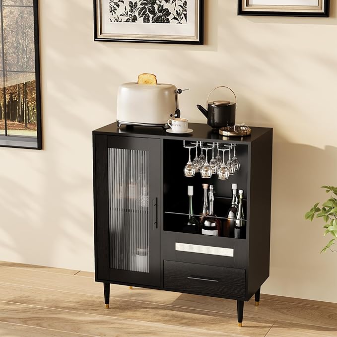 Garvee Wine Bar Cabinet with Tempered Glass Door & Rack, 30.7" Freestanding Modern Buffet Sideboard for Dining Room, Kitchen Coffee Bar & Liquor Storage Cabinet with Drawers and Glass Holder