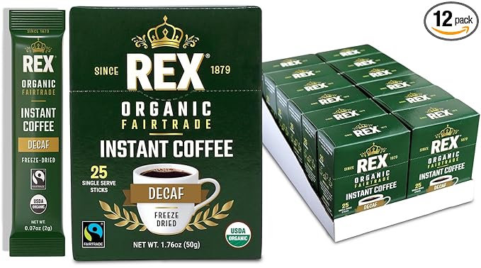 Rex Coffee Organic Fairtrade Decaf Freeze-Dried Instant Sticks – Naturally Decaffeinated Arabica, 300 Single-Serve Packs, Mountain Water Process