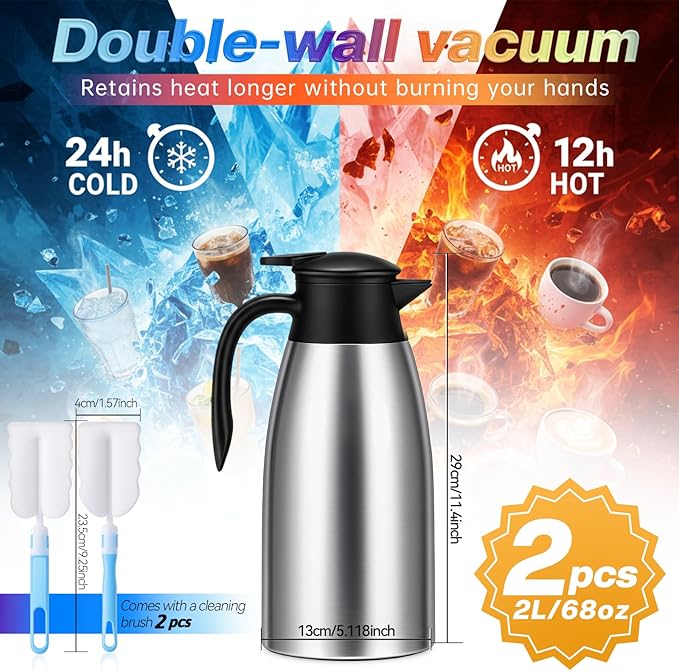 2 Pcs 68 OZ Thermal Coffee-Carafe Double Walled Vacuum Insulated Stainless Steel-Carafe Stainless Steel Coffees-Carafes with brushes for Keeping Hot Coffee-Tea Home and Office(Silver)