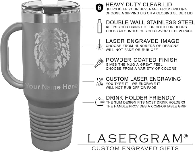 40oz Vacuum Insulated Travel Mug with Handle, Sushi, Personalized Engraving Included (Gray)