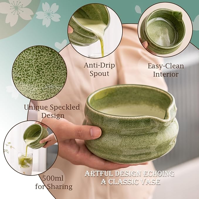 7 Pcs Matcha Kit, Matcha Bowl with Spout, Bamboo Whisk And Scoop, Ceramic Holder And Scoop Rest, Stainless Steel Sifter, Tea Towel. Speckled Green Glaze Matcha Whisk Set for Beginners And Gifting