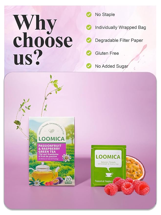 LOOMICA Passionfruit Raspberry Green Tea, Tropical Fruity Blend of Passion Fruit & Raspberry and Green Tea, Refreshing & Tropical, Hot or Iced, Antioxidant-Rich, No Artificial Sugar, 20 Counts