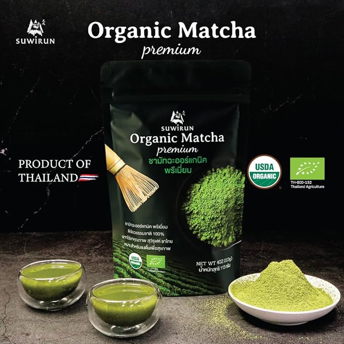 Suwirun Organic Pure Matcha Powder 4oz – Authentic Japanese Green Tea – Unsweetened, Umami-Rich Superfood – Perfect for Lattes, Baking & Smoothies