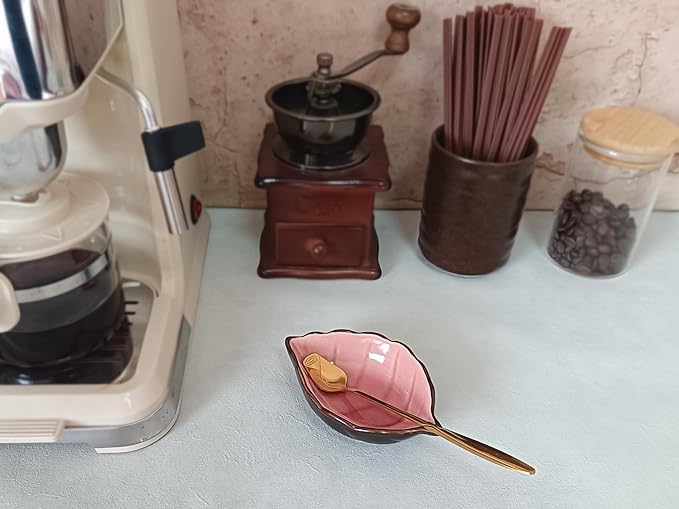 Coffee Spoon and Rest for Coffee Bar Accessories, Leaf Small Spoon Rest for Coffee Station, Tea Spoon Rest Tea Spoon Holder Teaspoon Rest, 1 PC (Ice Cracks Pink with Gold Rose Spoon)