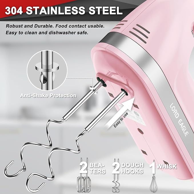Lord Eagle Hand Mixer Electric 400W, 5 Speed handheld Mixer, 5 Stainless Steel Accessories for Baking Cake Egg Cream Food Beater, Turbo Boost/Self-Control Speed + Eject Button, Pink