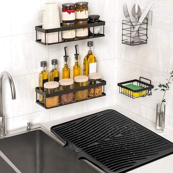 Silicone Dish Drying Mat, Stone Drying Mat for Kitchen Counter with Built-In Drain, Non-Slip Drain Pad with Built-in Drain, Heat Resistant Stone Drying Mat, 1Pcs Black(19.7" x 17")