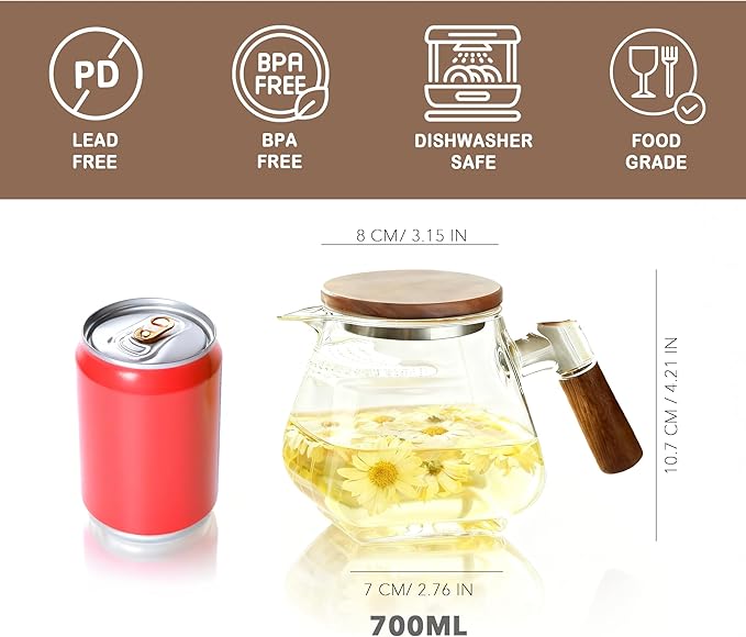 Induction Safe Glass Teapot with Wooden Handle, 700ml Heat-Resistant Borosilicate Glass, Dishwasher Safe, For Loose Leaf, Herbal & Blooming Tea, BPA & Lead-Free, Easy to Clean