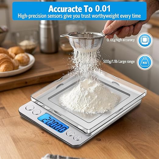 Digital Kitchen Scale 500g 0.01g Food Scale High Precision Kitchen Digital Scale Multifunctional Stainless Steel Pocket Scale with Back-Lit LCD Display, 9 Weighing Units Switch