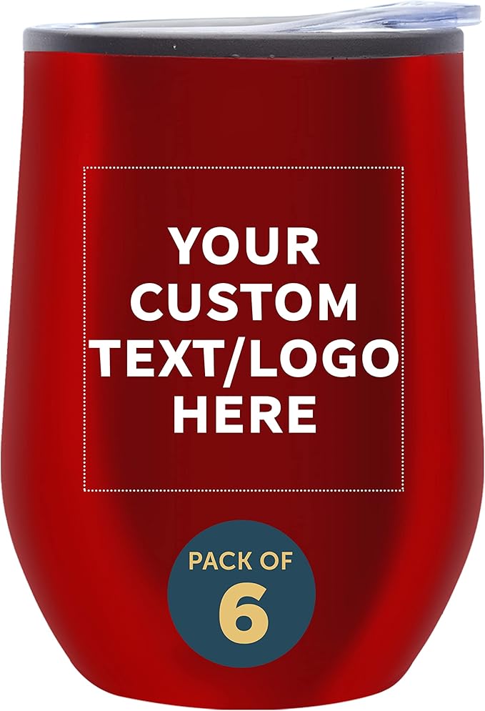 Custom Stemless Wine Tumblers 12 oz. Set of 6, Personalized Bulk Pack - Insulated, Perfect for Wine, Cocktails, Other Hot & Cold Beverages - Red
