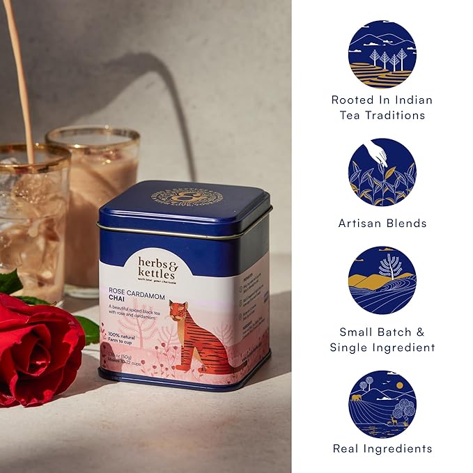 Herbs & Kettles Rose Cardamom Chai | Assam Black Tea with Rose Petals, Green Cardamom, Ginger, Cinnamon & Cloves | Floral Loose Leaf Blend | Makes 10–14 Servings | Premium Gift for Tea Lovers