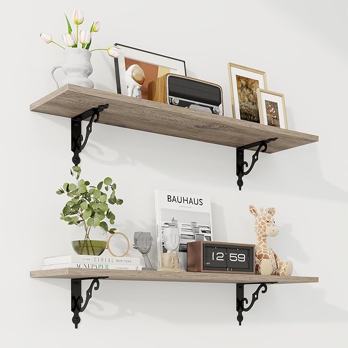 RICHFOCUS Floating Shelves for Wall Decor, 31.5W x 8D Shelves Set of 2, 8" Deep Rustic Wood Floating Shelves Wall Mounted with Metal Brackets, Shelves for Living Room Bedroom Kitchen, Grey