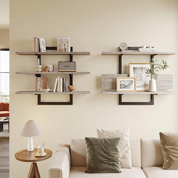 Bestier Floating Shelves for Wall, 32 inch Kitchen Shelves Wall Mounted, 3 Tier Coffee Bar Shelf with Foldable Brackets, Industrial Display Shelf for Bathroom, Living Room, Retro Grey