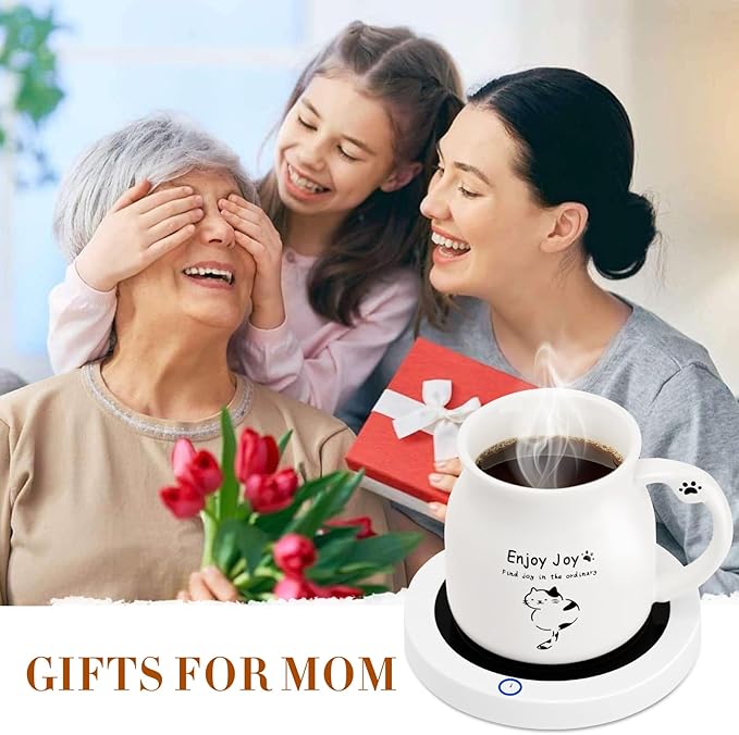 Coffee Mug Warmer, Cute Cat Mug Set, Coffee Cup Warmer for Desk, Gifts for Women, Black and White Heated Coffee Warmer for Mom Home Office Christmas Birthday Gifts