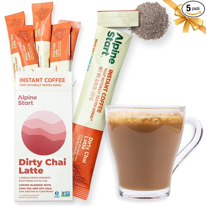 Alpine Start Instant Dirty Chai Latte, Coffee Blended with Traditional Chai Spices, Black Tea and Soy Milk, Vegan and Dairy Free (0.70 Oz) Pack of 5
