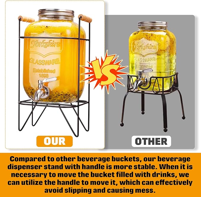 Tfwadmx 1 Gallon Drink Dispenser Glass Beverage Dispenser With Stand Leak Proof Stainless Steel Faucet Wide Mouth Mason Jar Style Drink Container Jug for Parties, Weddings, Lemonade, Cold Water