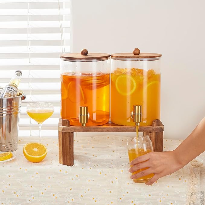 2 PCS 1 Gallon Drink dispenser, Glass Beverage Dispenser With Wood Stand, Large Water Drink Dispensers for Parties With Stainless Steel Spigot, Ideal for Lemonade,Juice, Tea, and Party Drinks