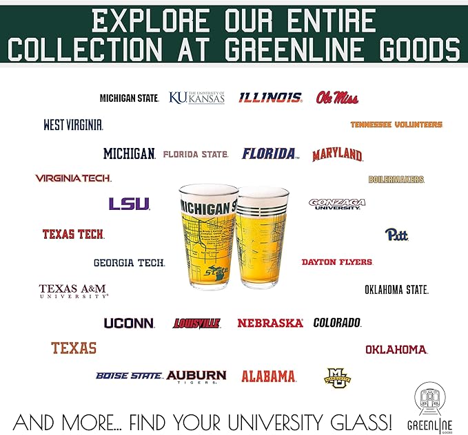Greenline Goods – Michigan State University Spartans College Pint Beer Glasses (Set of 2), 16 oz – Full-Color Logo + Campus Map