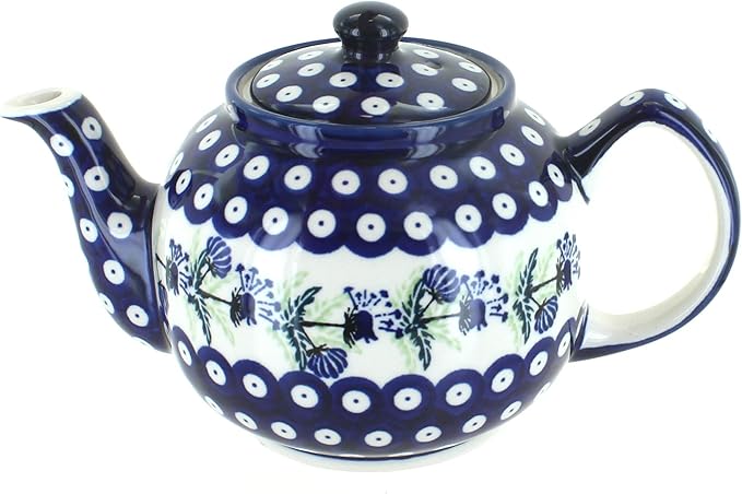 Blue Rose Polish Pottery - Blue Sweet Annie Medium Teapot - 4 Cup Capacity - Hand-Painted Polish Pottery Ceramic Coffee & Tea Server