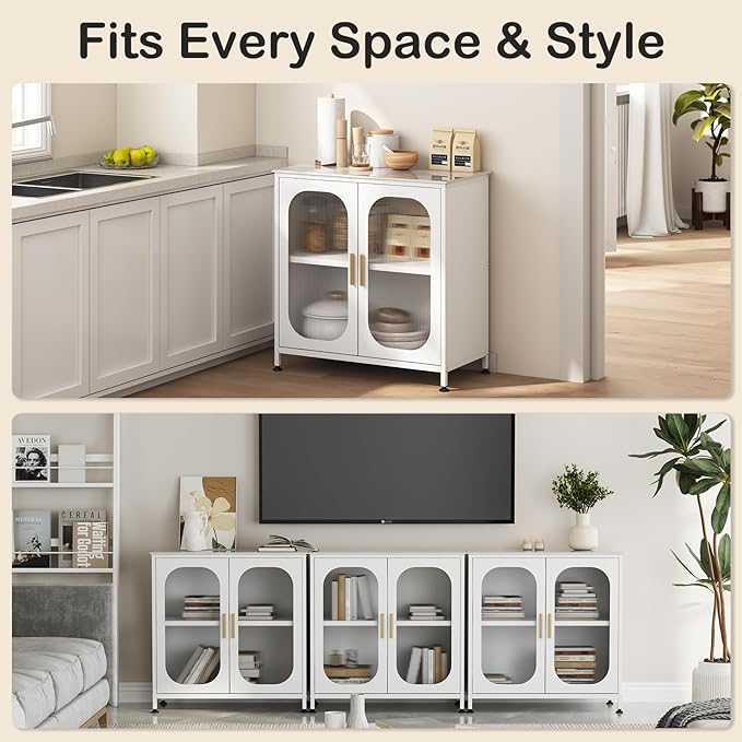ZZL Sideboard Buffet Cabinet,Outdoor Storage Cabinet, 2 Doors, Metal,Adjustable Shelf,Sintered Stone Top(Scratch,Heat Resistant,Corrosion-Resistance) for Kitchen,Coffee Bar,Entryway(L 32.28''White)