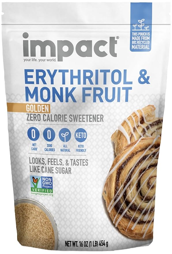 Impact - Golden Erythritol & Monk Fruit - Zero Calorie Sweetener, Sugar-Free, Non-GMO, Net Carb Free, Zero Glycemic, Baking Use - 1lb Resealable Bag