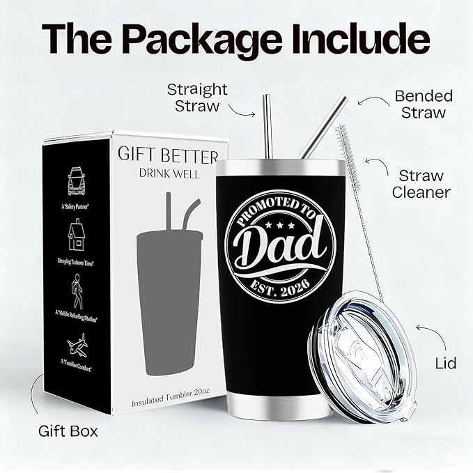 Promoted to Dad Est. 2026 Tumbler - New Dad Christmas Gifts, Gifts for First Time Father, New Father to Be, 20oz Stainless Steel Insulated Tumbler with Lid, Husband Gift from Wife, Black