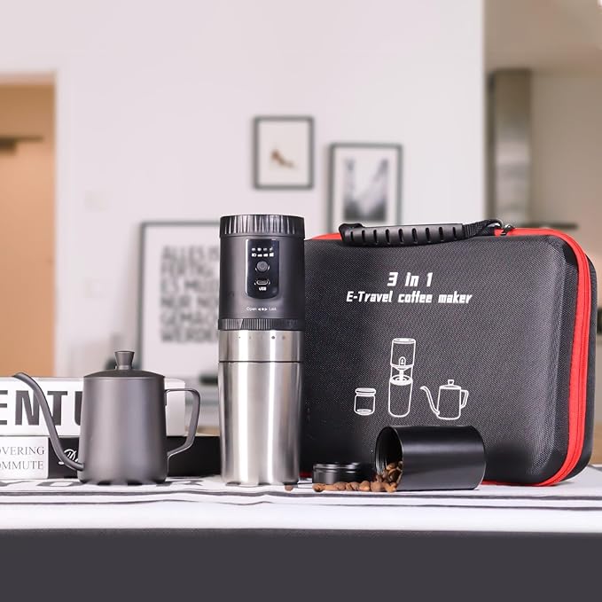 SOTECH 3 in 1 Portable Coffee Maker Electric Burr Coffee Grinder Black Pour Over Kettle Coffee Bean Storage For Travel Hiking Picnic Camping