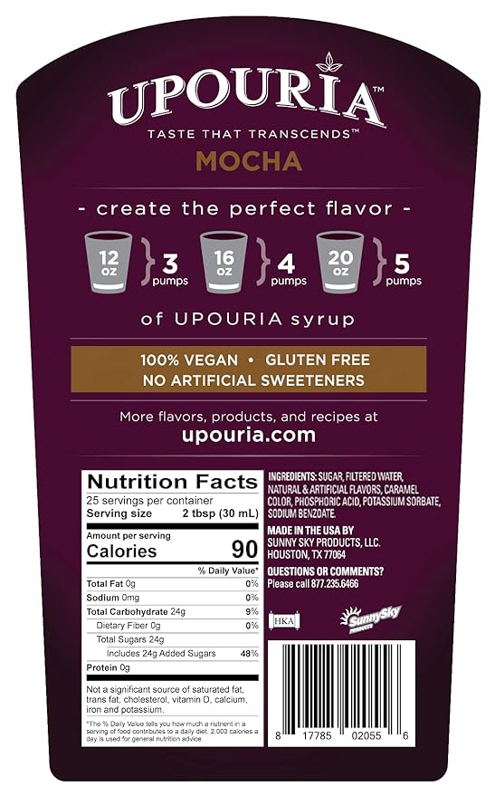 Upouria Mocha Coffee Syrup Flavoring, 100% Vegan, Gluten Free, Kosher, 750 mL Bottle - Coffee Syrup Pump Included