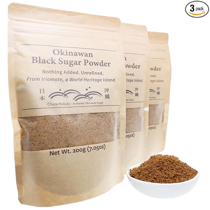 Chura Kokuto Okinawan Black Sugar (Brown Sugar) Powder, 200g (7.05 oz) (3 Pack) - Unrefined Sweetener for Coffee, Tea, Baking, and Desserts - For Frequent Use and Bulk Storage